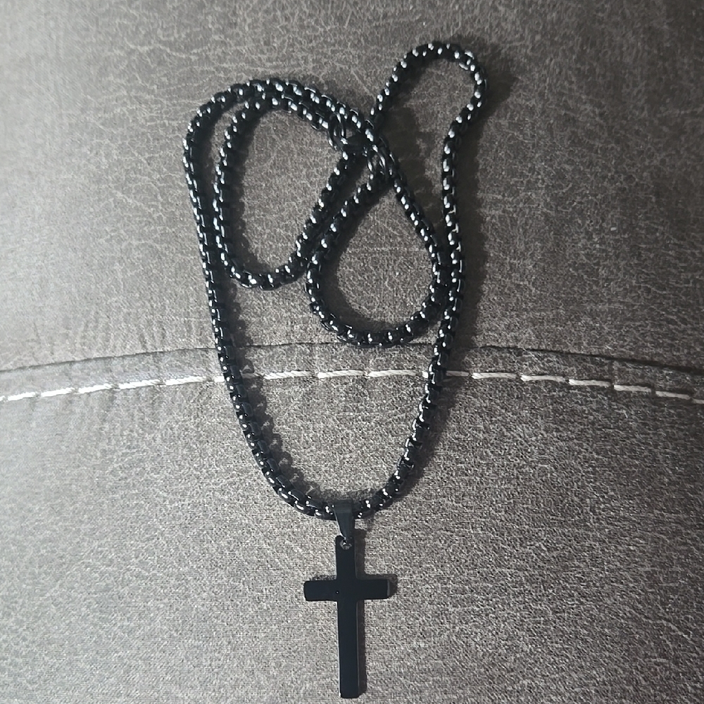 Black StainlessCross Pendant On Black Stainless Box Chain Necklace.
